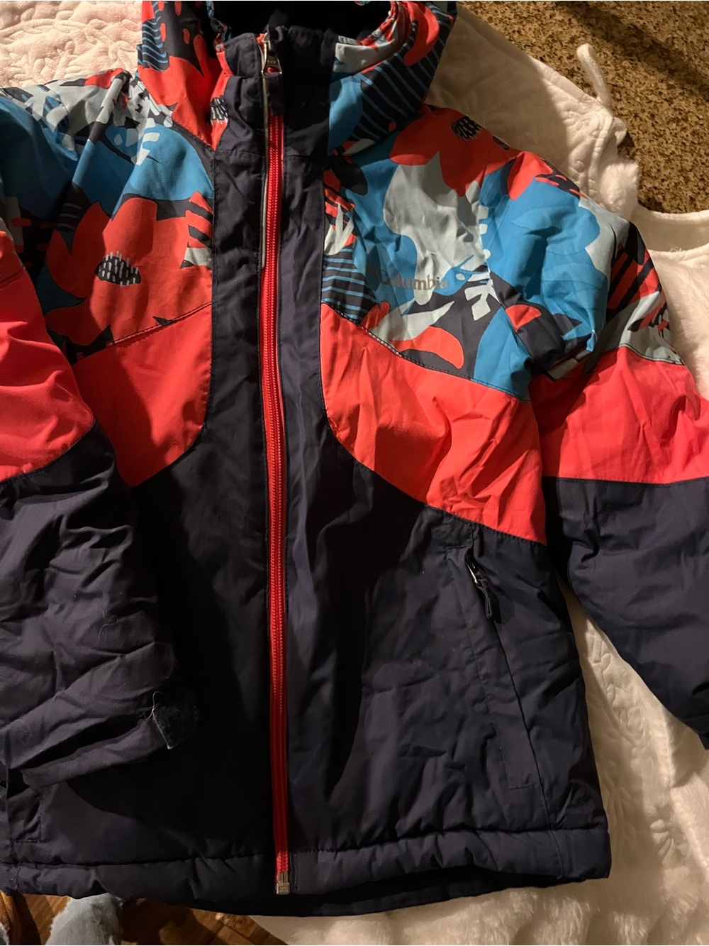 Columbia Kids Navy, Red & Light Blue Colorblock Floral Puffer Jacket XS
